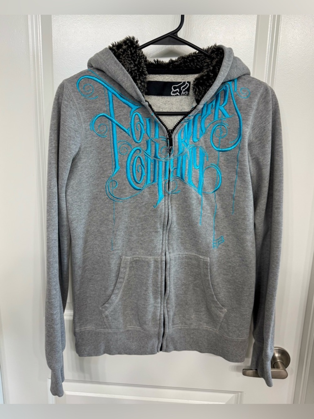 Y2K Fox Gray Hooded Zip Sweatshirt with Teal Script